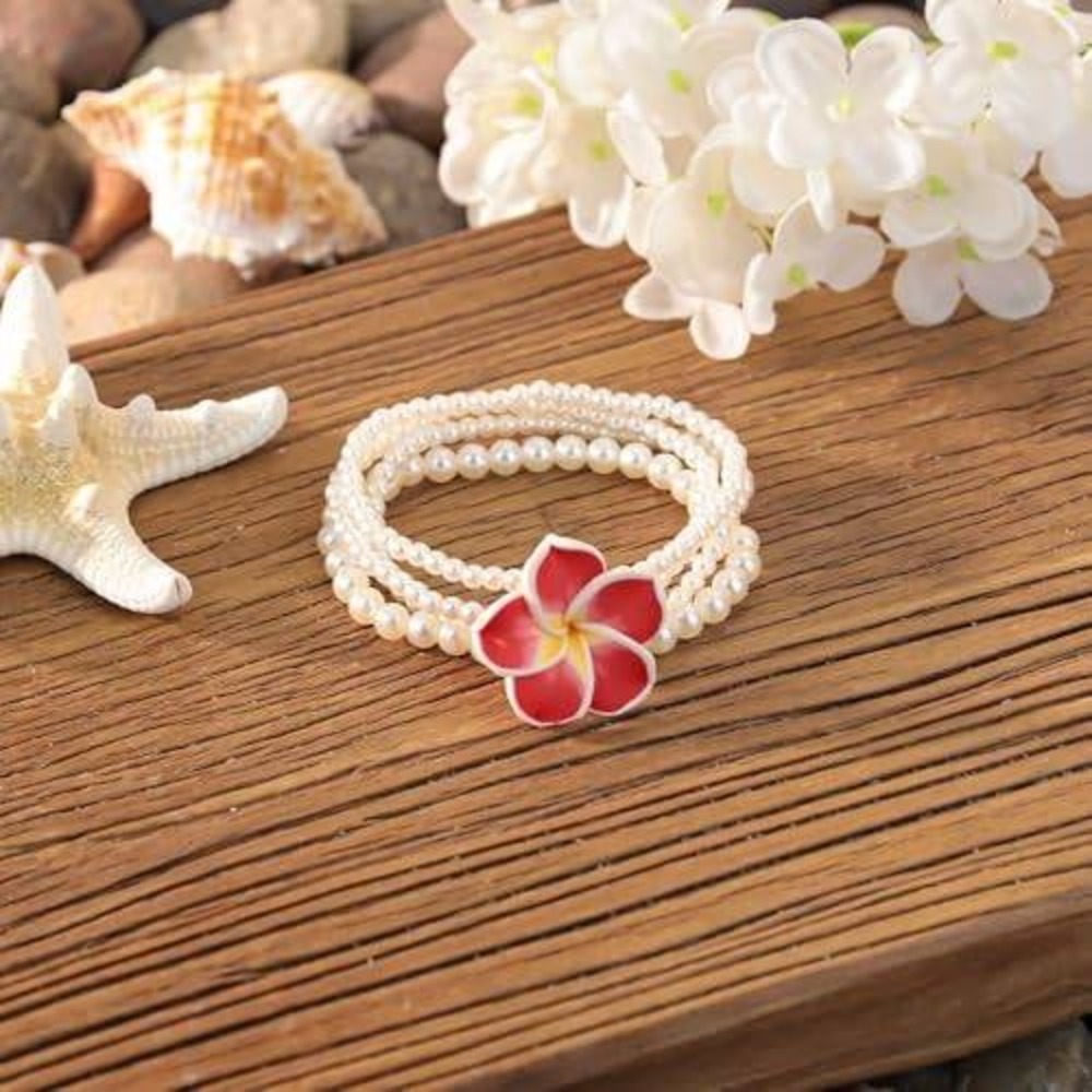 Multi-Strand Faux Pearl Bracelet with‎ Red Plumeria Flower Tropical